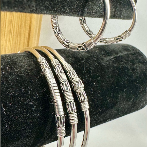 BA Suarti Bali Jewelry - BA SUARTI Bali Sterling Silver Filigree 3 Bangle Bracelets & Hoop Earrings Set